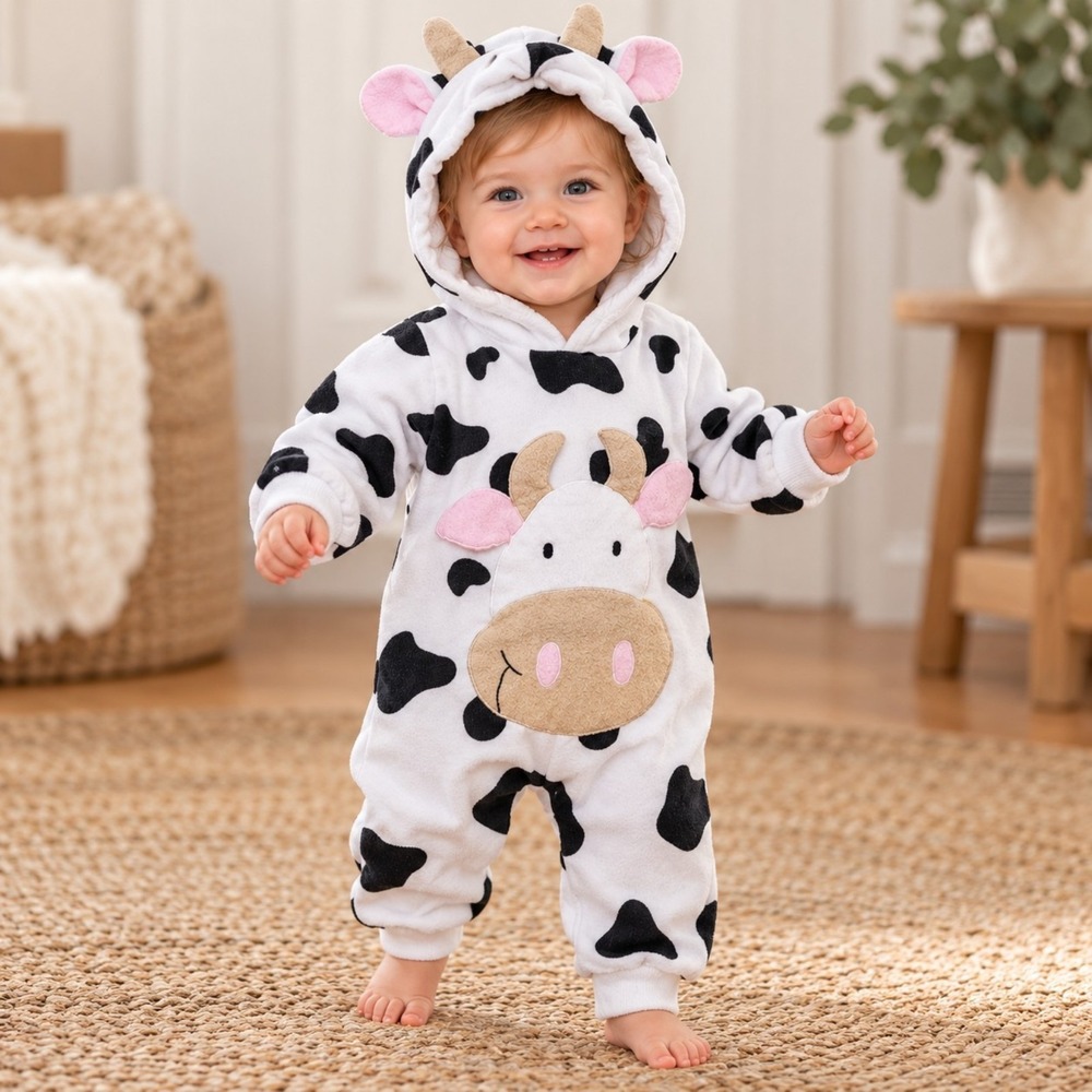 Funstuff Baby Cow Costume 12M Hooded Romper Farm Animal Halloween One Piece